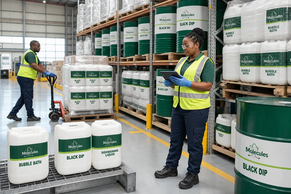 Molecules warehouse with pallets of 20 L and 200 L containers