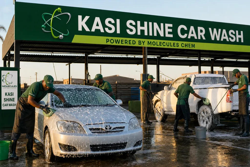 Township car wash with Kasi Shine Car Wash, Powered by Molecules Chem signage