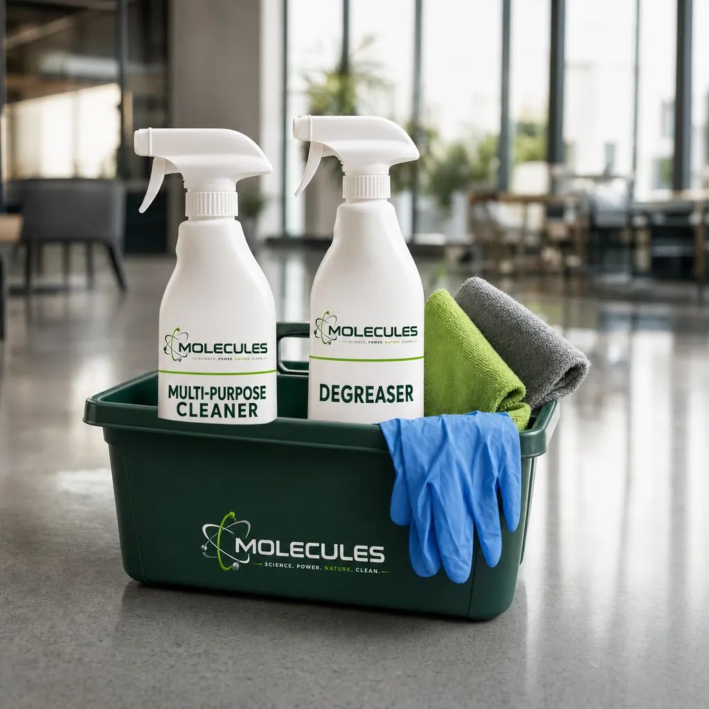 Molecules cleaning caddy with Multi-Purpose Cleaner, Degreaser, microfibres and gloves