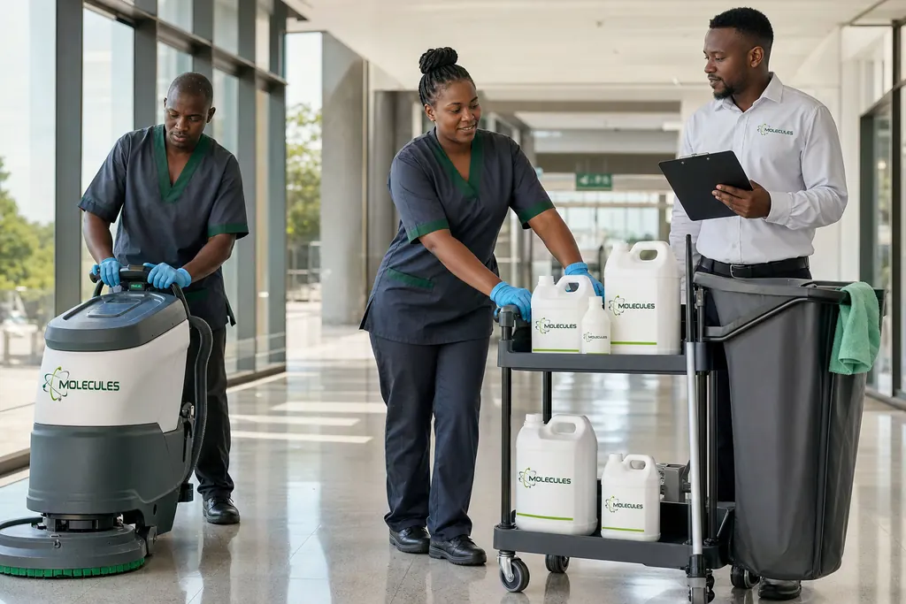 Institutional cleaning team with a floor scrubber and Molecules bulk containers