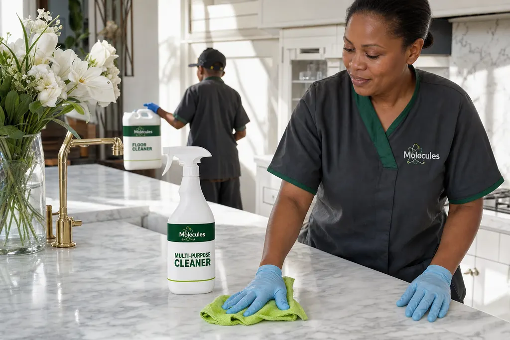 Housekeeper wiping a marble kitchen island