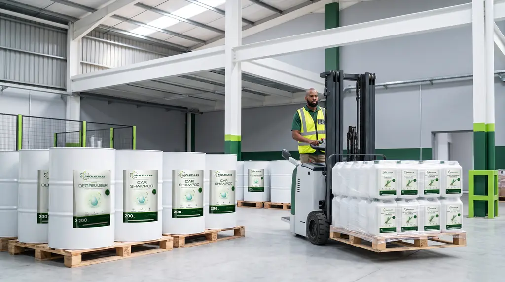 Molecules 20 L and 200 L stock on pallets ready for dispatch