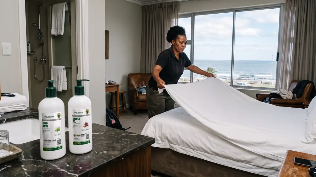 A housekeeper making up a boutique hotel room in Sea Point, Cape Town, with Molecules products on the vanity