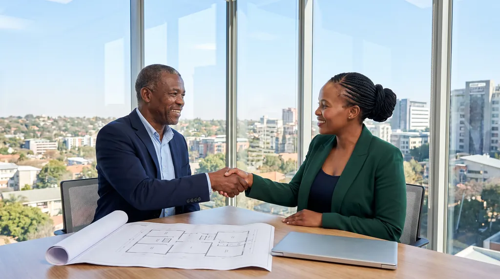 A facilities manager and a cleaning business owner reviewing a site plan