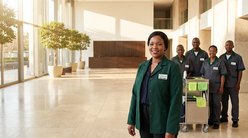 A Black-owned cleaning team in Molecules Catalyst uniforms in a corporate office lobby