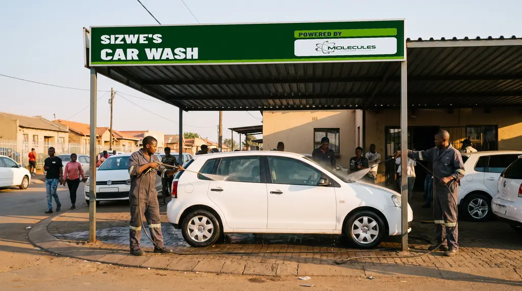 A Soweto hand car wash with Powered by Molecules partner signage