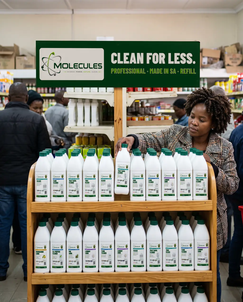 A supermarket end-of-aisle display of Molecules 1 L bottles