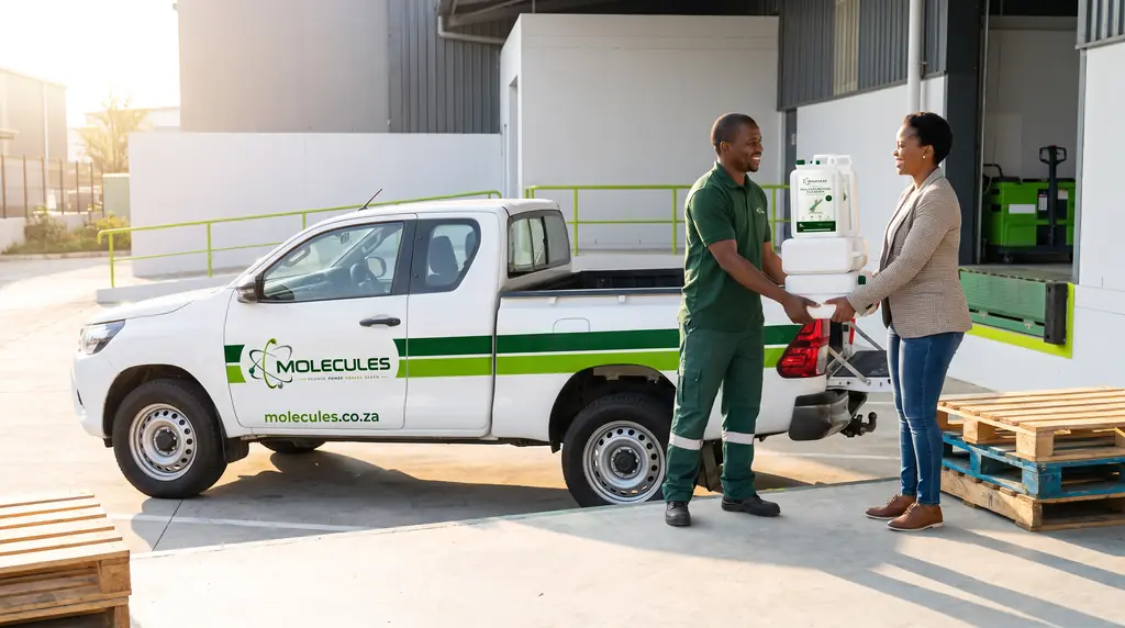 Molecules delivery driver handing a site manager her scheduled order next to a branded bakkie