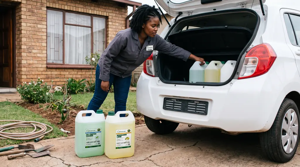 A CleaningPreneur in Mamelodi loading Molecules 5 L stock into her car