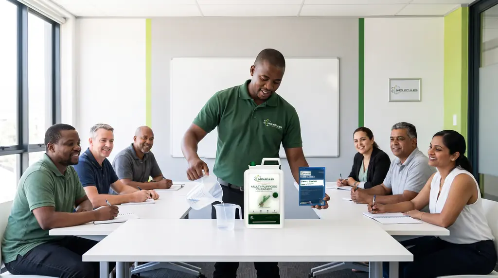 Trainer teaching cleaning chemical safety to a group