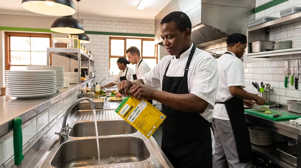 Restaurant staff dosing a sink with one Molecules SmartDose sachet