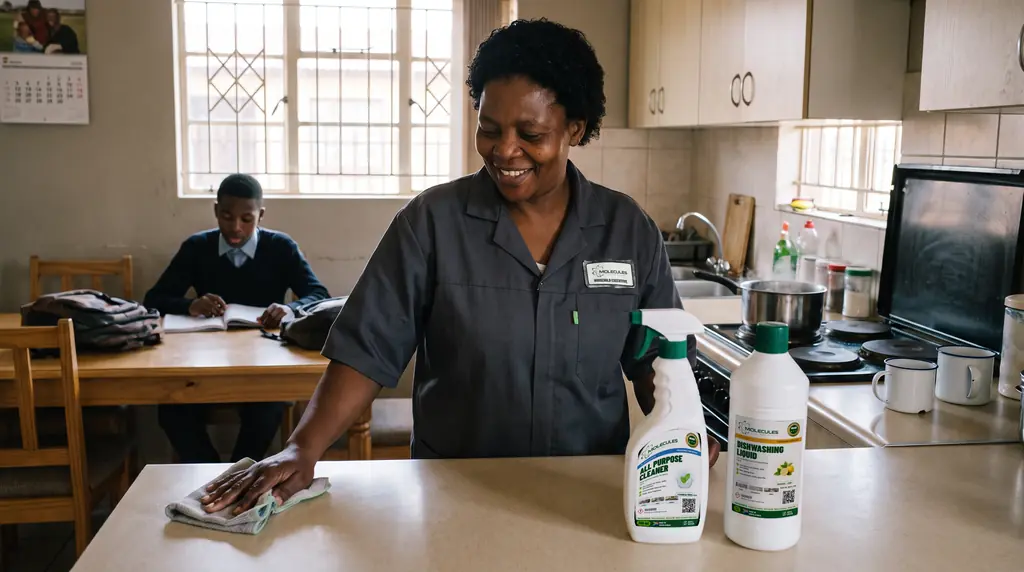 A Household Executive wiping a kitchen counter in a Soweto family home, with Molecules All Purpose Cleaner and Dishwashing Liquid