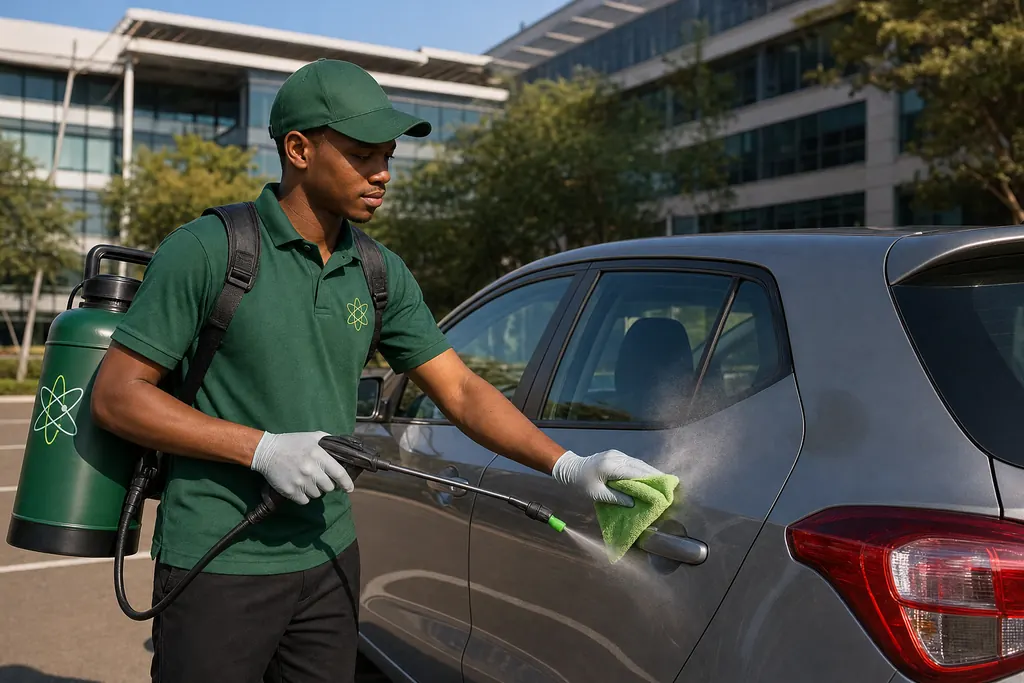 Young Micro-Wash operator with a Molecules backpack sprayer cleaning a car at an office park