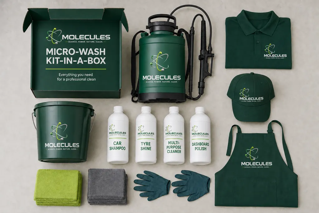 Micro-Wash Kit-in-a-Box flat lay: backpack sprayer, uniform, cap, apron, bucket, microfibres, gloves and Molecules bottles