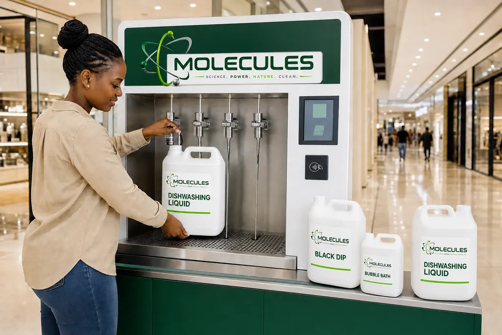 Customer refilling a Molecules 5 L container at a smart refill station